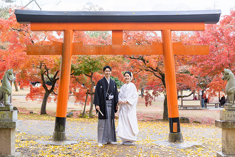 奈良で紅葉の結婚写真